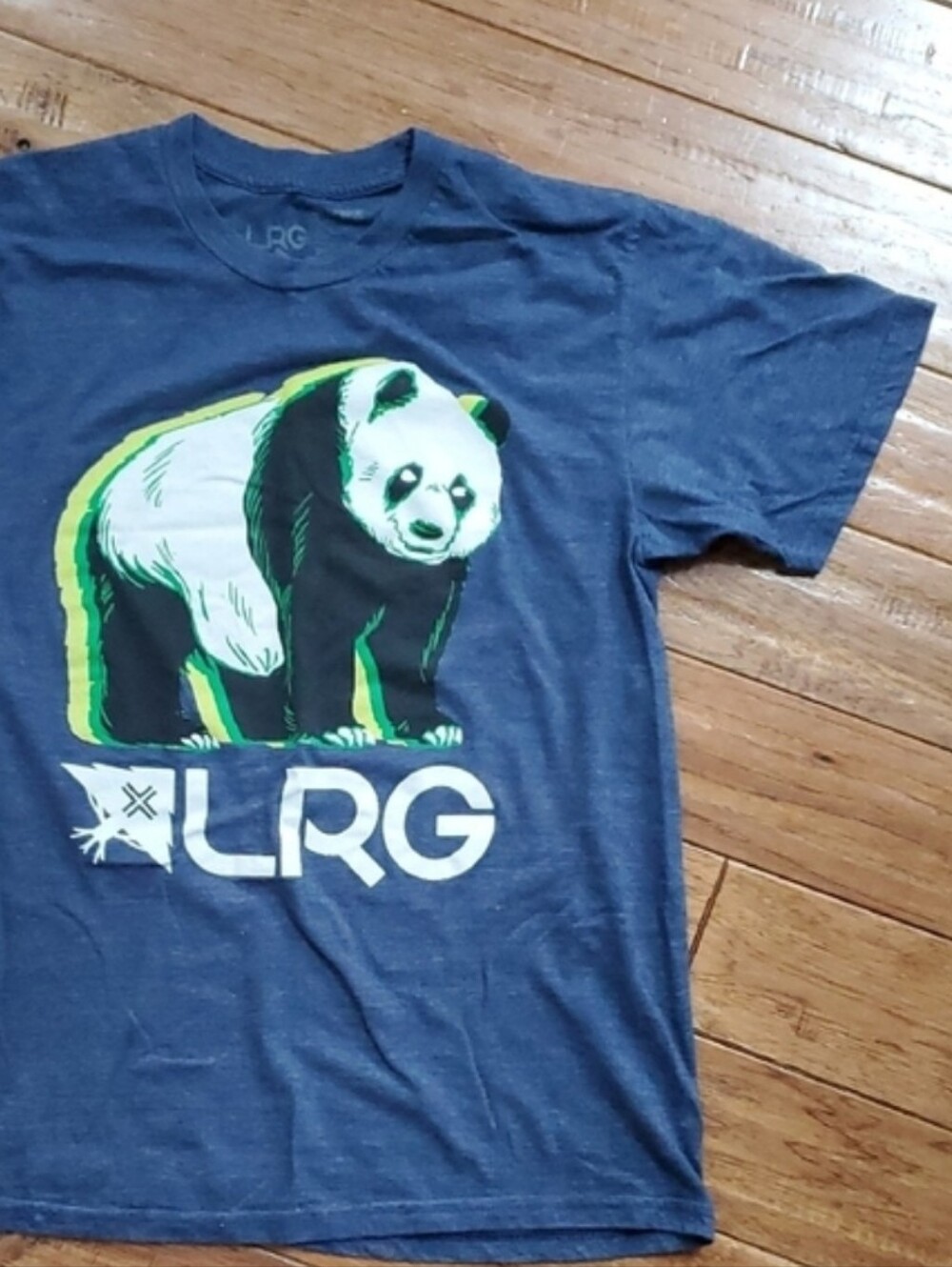 LRG Navy Blue Tee with Panda Decal Graphic and Lime Accents